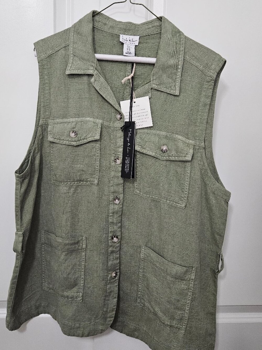 Nicole Miller New York Women's Sage Green Linen Blend Utility Vest NWT XL
